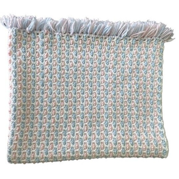 Handmade Pink Blue and White Crocheted Baby Blanket with Fringe 38 x 34 Inches - Picture 1 of 6